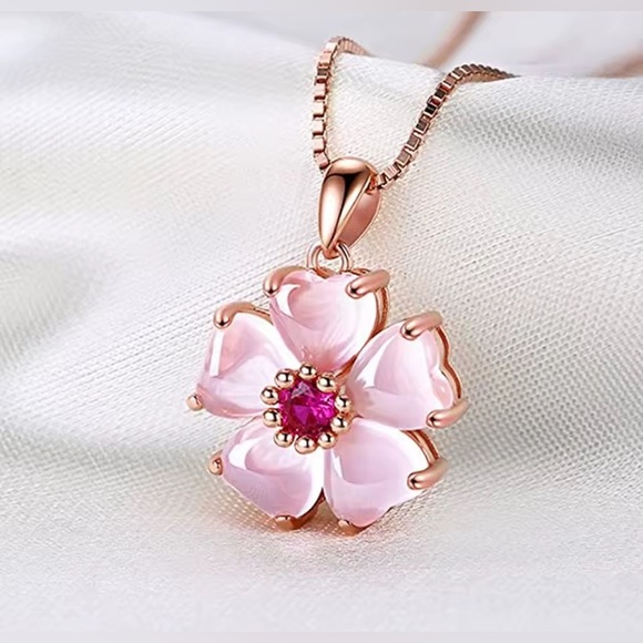 18K Gold Japanese Cherry Blossom Sakura Gemstone Pendant Necklace Bohemian - Picture 8 of 12